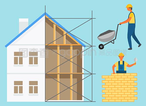 房屋建筑區(qū),用卡車施工,工人拿油灰刀和鋪設(shè)磚。建筑墻和翻新建筑,工程矢量。工程技術(shù),工人建筑矢量